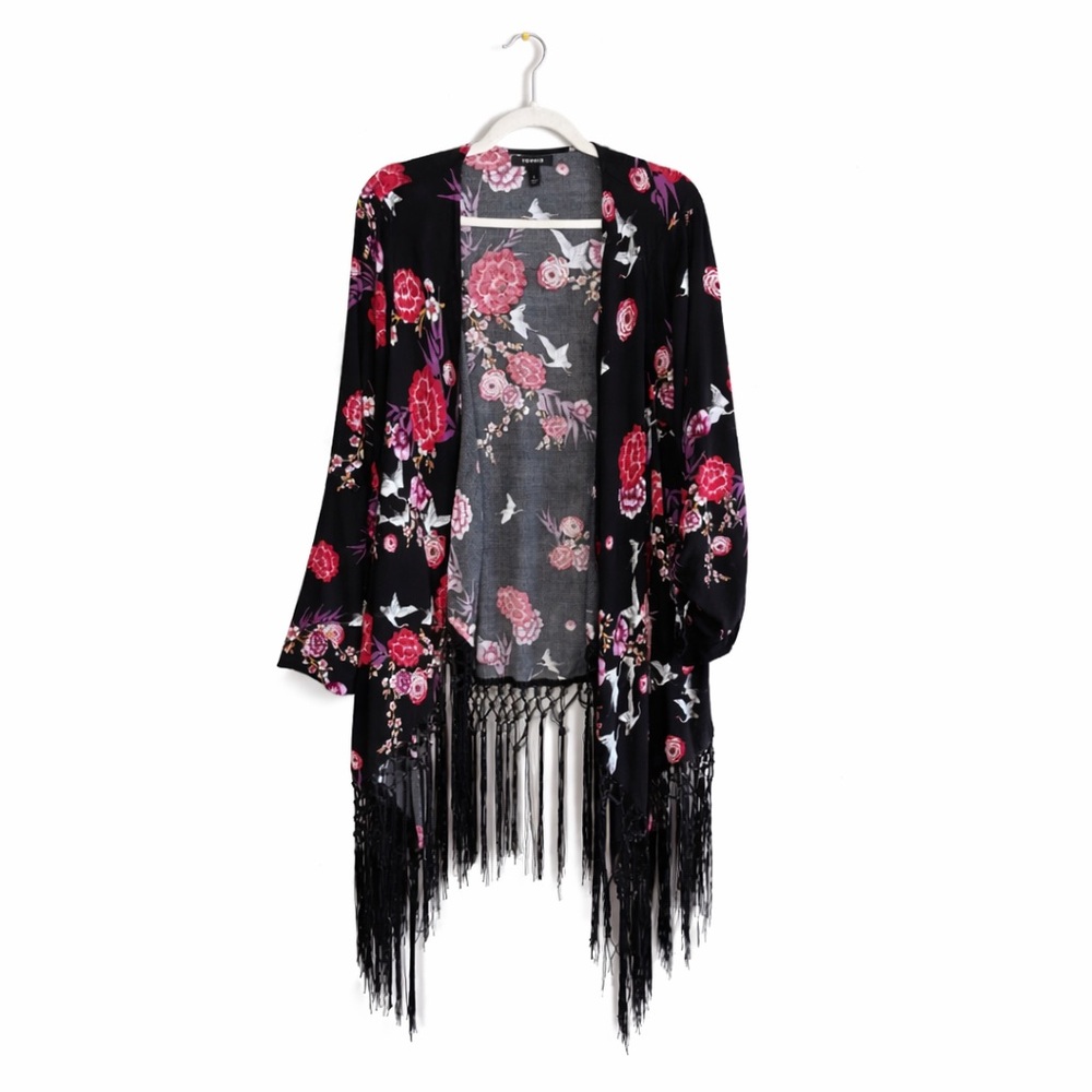 Torrid Floral Fringe Kimono Duster 2X Black Pink Boho - Picture 13 of 13